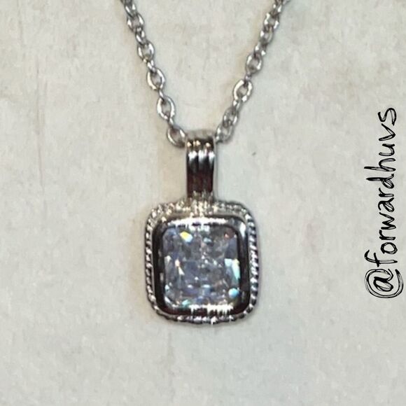 Silver Tone Necklace with Square Glass Pendant – 20” Chain - Picture 3 of 10